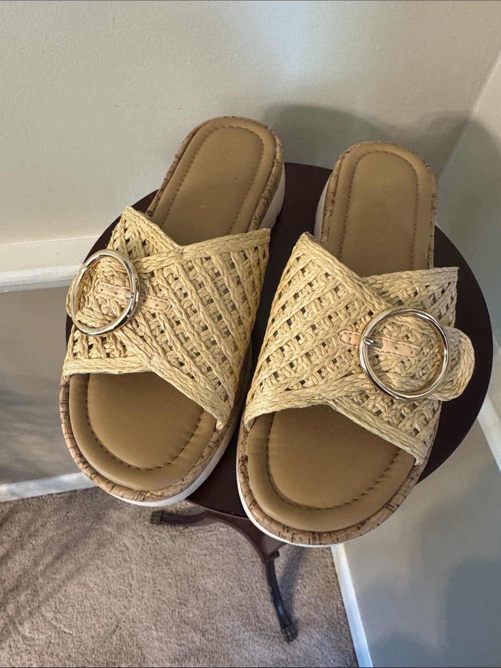 Kelly & Katie Natural Woven Slide Mules with Silver Buckle